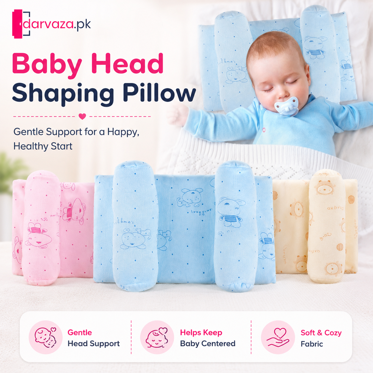 Pack of 2 Baby Head Support Pillow with Side Bolsters – Soft & Comfortable