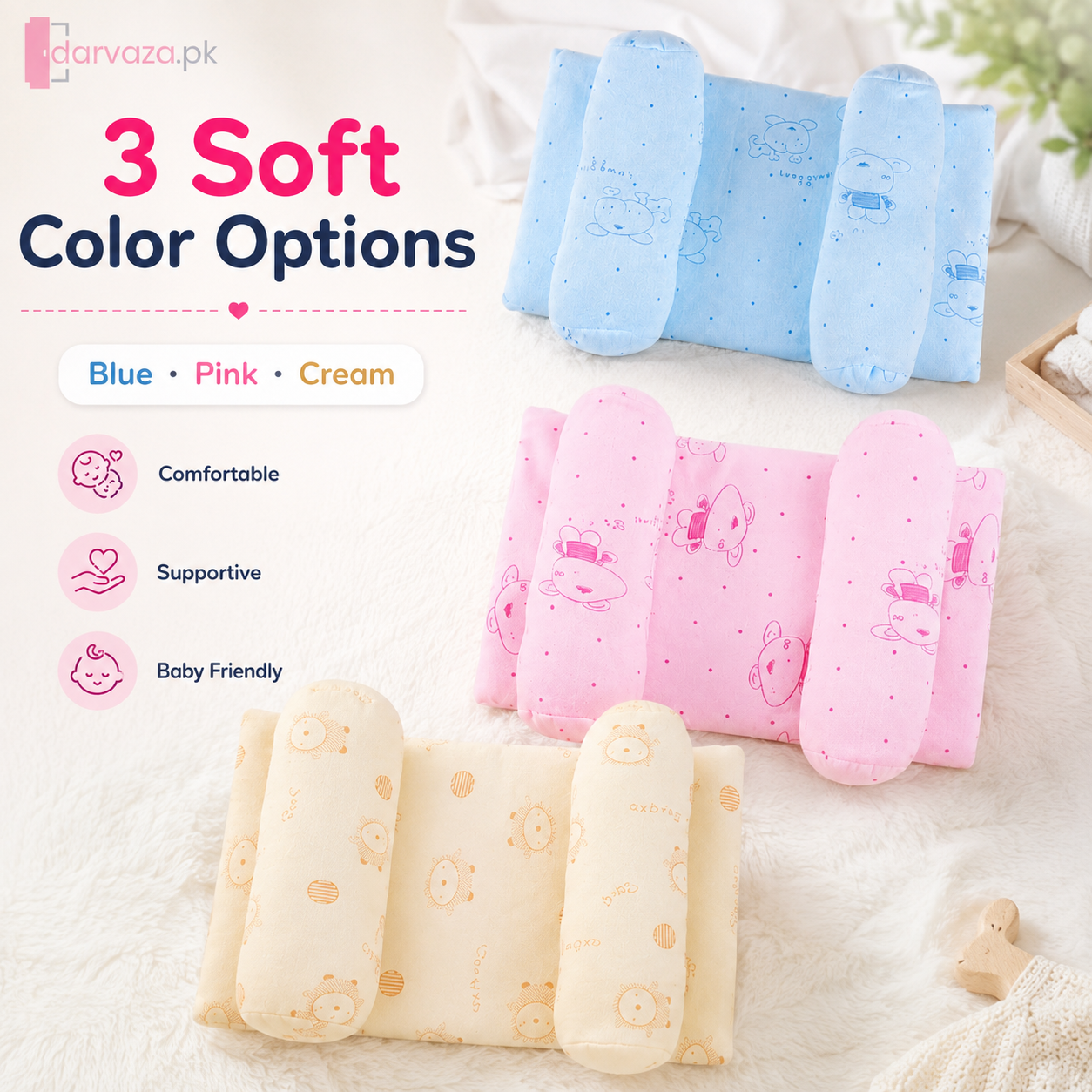 Pack of 2 Baby Head Support Pillow with Side Bolsters – Soft & Comfortable