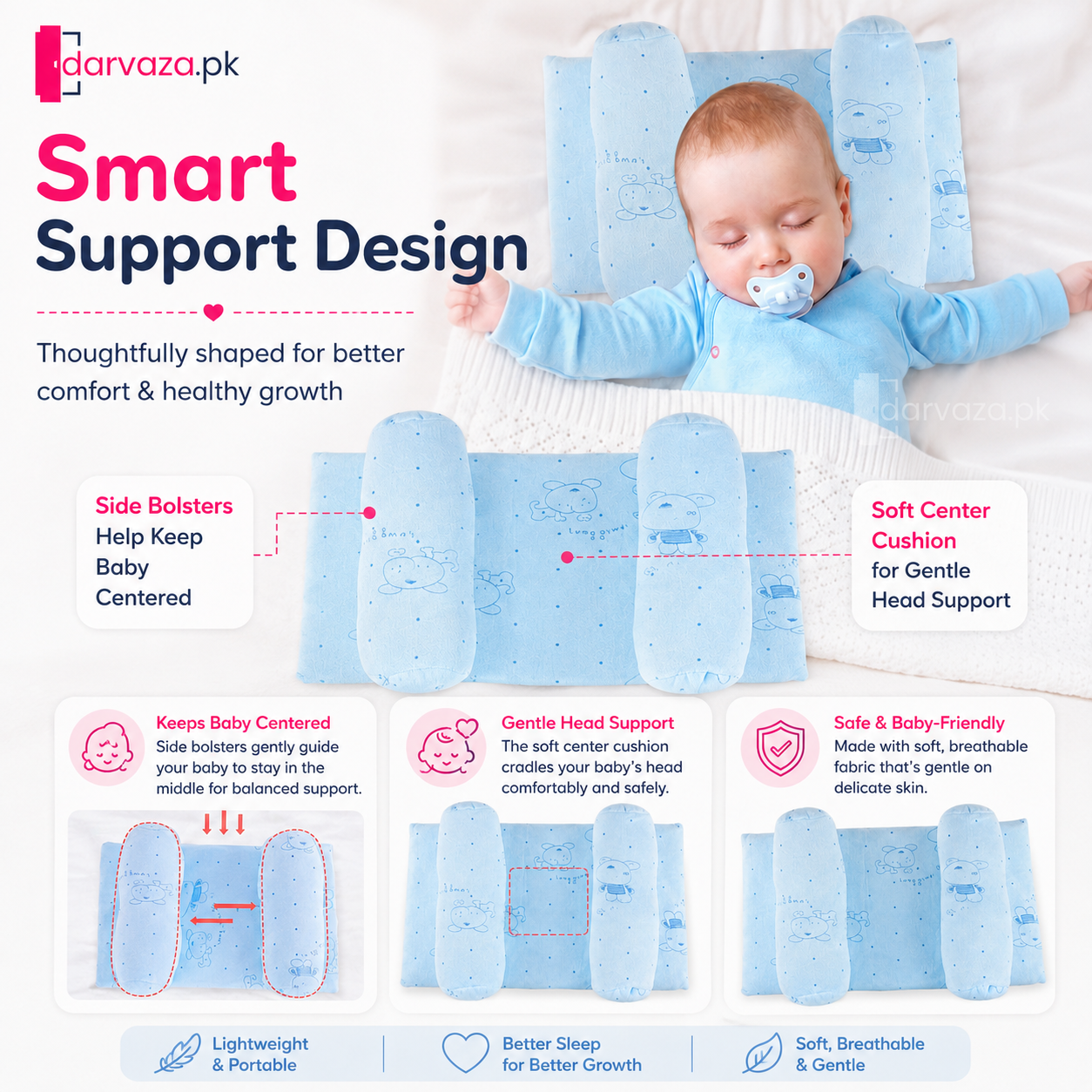Pack of 2 Baby Head Support Pillow with Side Bolsters – Soft & Comfortable