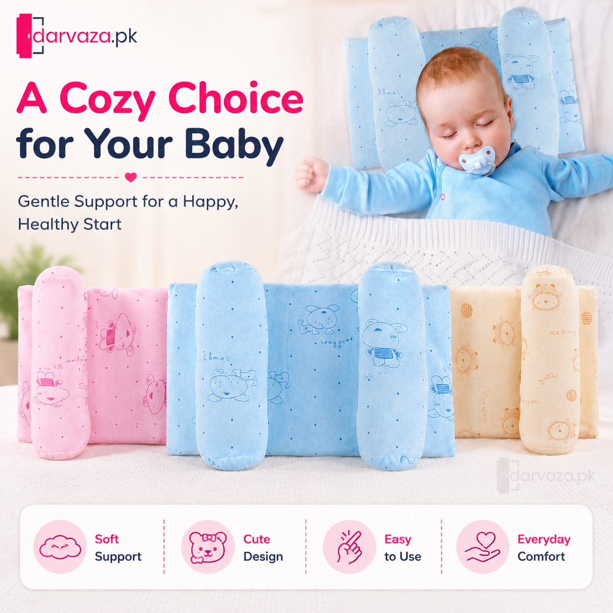 Pack of 2 Baby Head Support Pillow with Side Bolsters – Soft & Comfortable