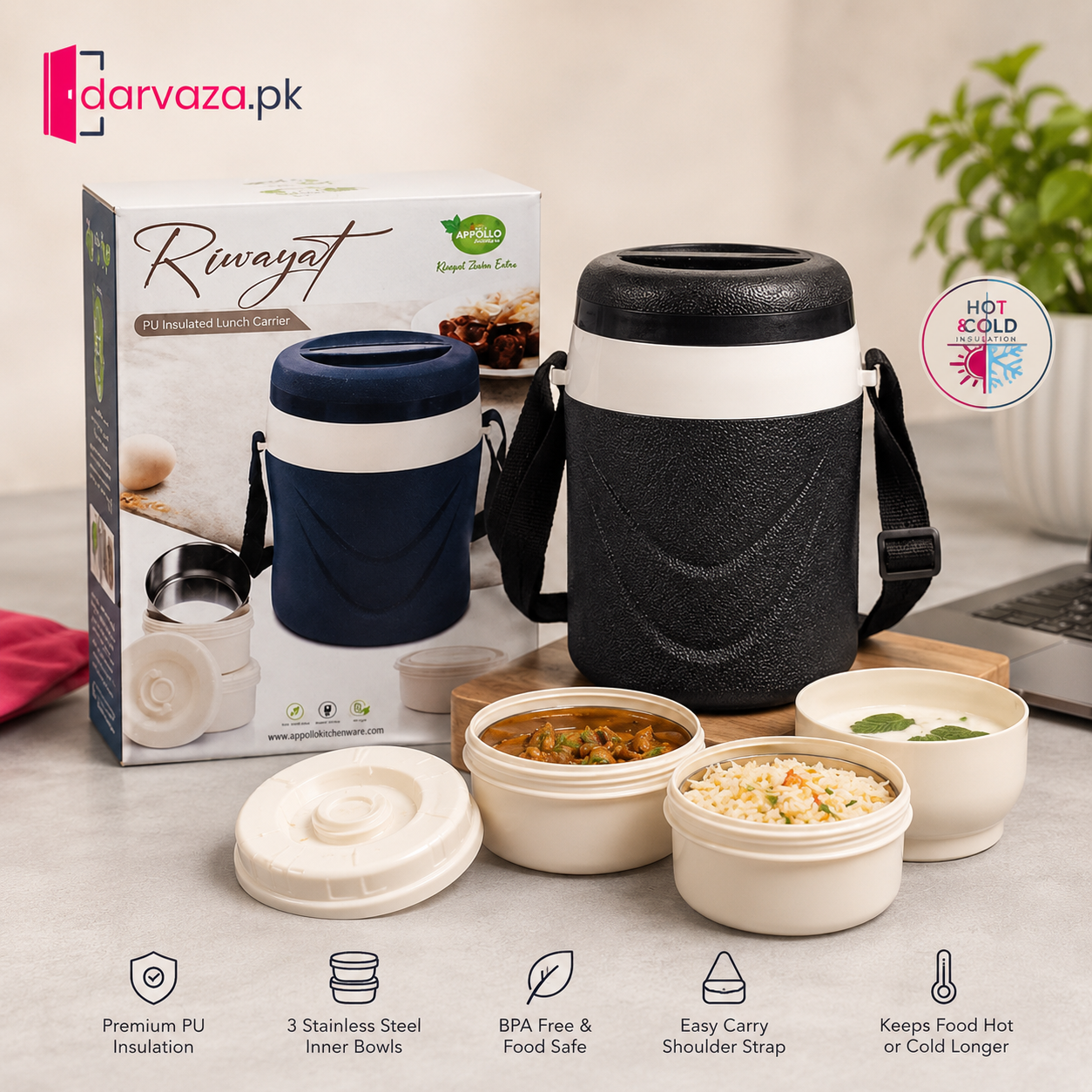Appollo Riwayat Insulated Lunch Carrier | 2 Steel Bowls + 1 Salad Bowl | Leak-Proof Tiffin Box with Carry Strap