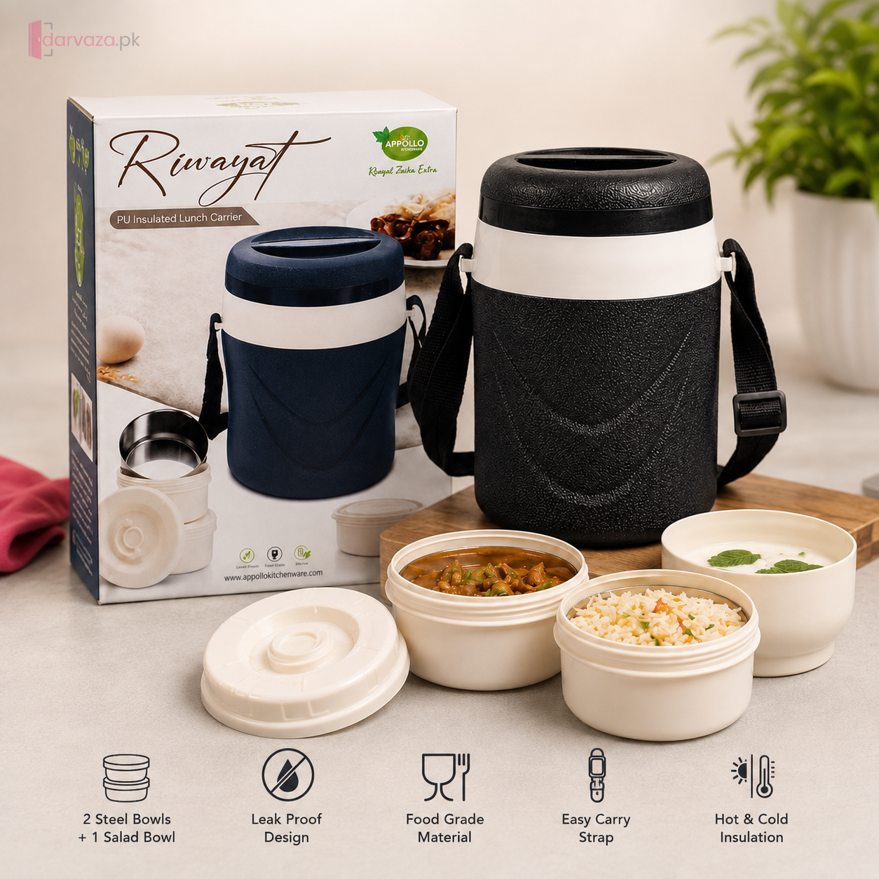 Appollo Riwayat Insulated Lunch Carrier | 2 Steel Bowls + 1 Salad Bowl | Leak-Proof Tiffin Box with Carry Strap