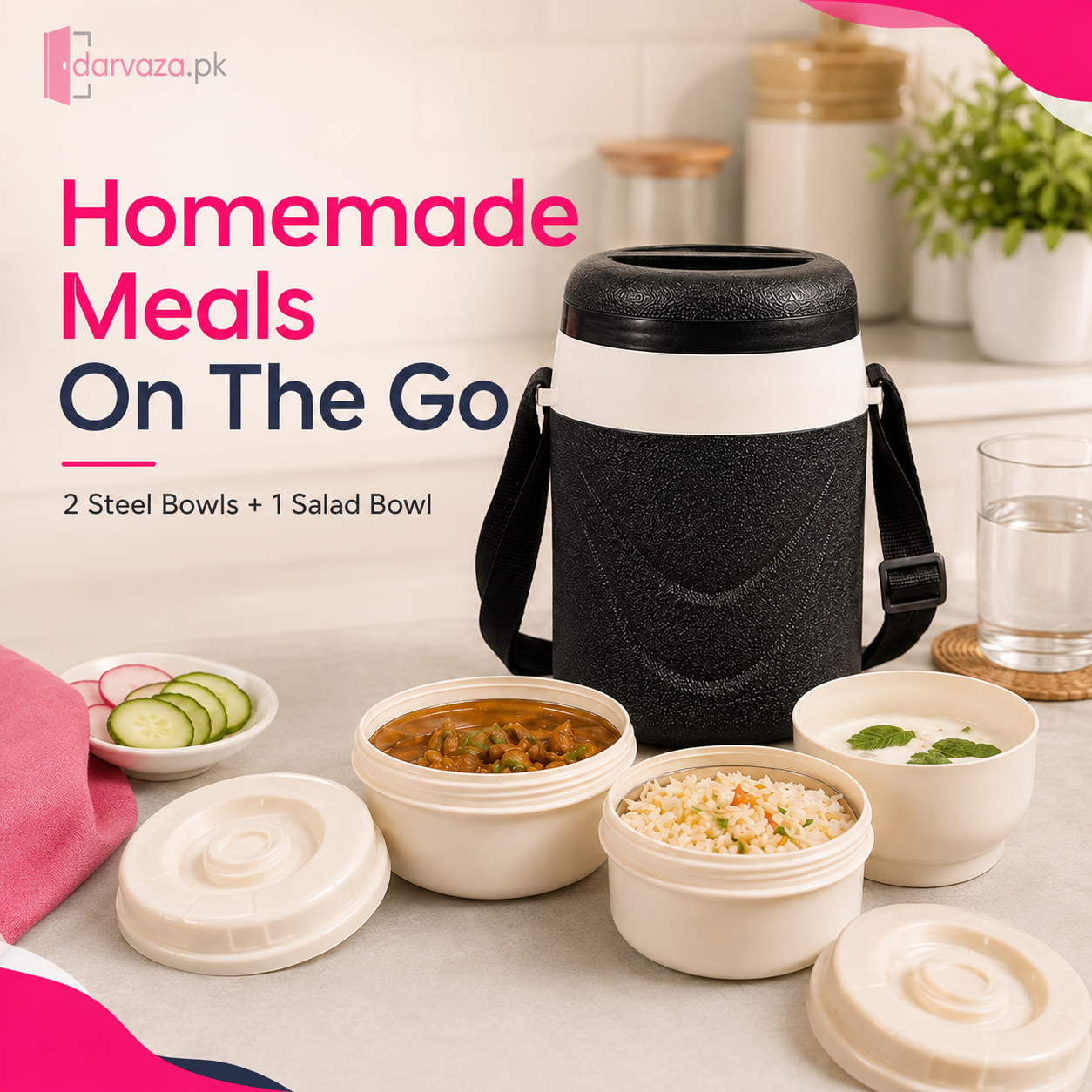 Appollo Riwayat Insulated Lunch Carrier | 2 Steel Bowls + 1 Salad Bowl | Leak-Proof Tiffin Box with Carry Strap