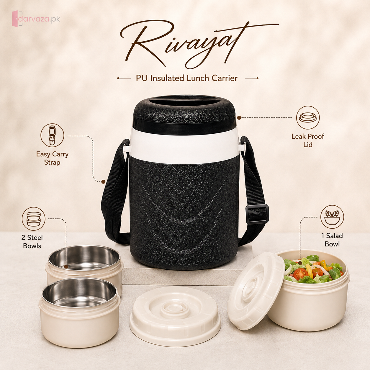 Appollo Riwayat Insulated Lunch Carrier | 2 Steel Bowls + 1 Salad Bowl | Leak-Proof Tiffin Box with Carry Strap