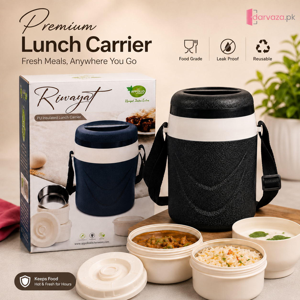 Appollo Riwayat Insulated Lunch Carrier | 2 Steel Bowls + 1 Salad Bowl | Leak-Proof Tiffin Box with Carry Strap