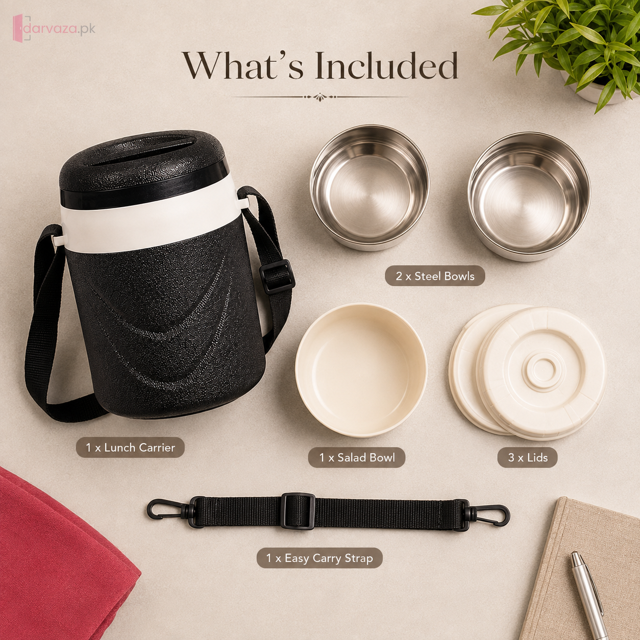 Appollo Riwayat Insulated Lunch Carrier | 2 Steel Bowls + 1 Salad Bowl | Leak-Proof Tiffin Box with Carry Strap