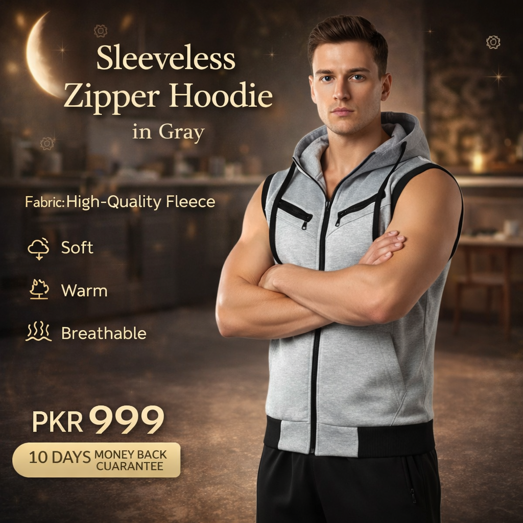 Sleeveless Zipper Hoodie in Gray in Just Rs 999
