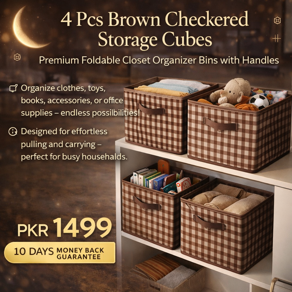 4 Pcs Brown Checkered Storage Cubes - Premium Foldable Closet Organizer Bins with Handles for Clothes, Toys & Accessories