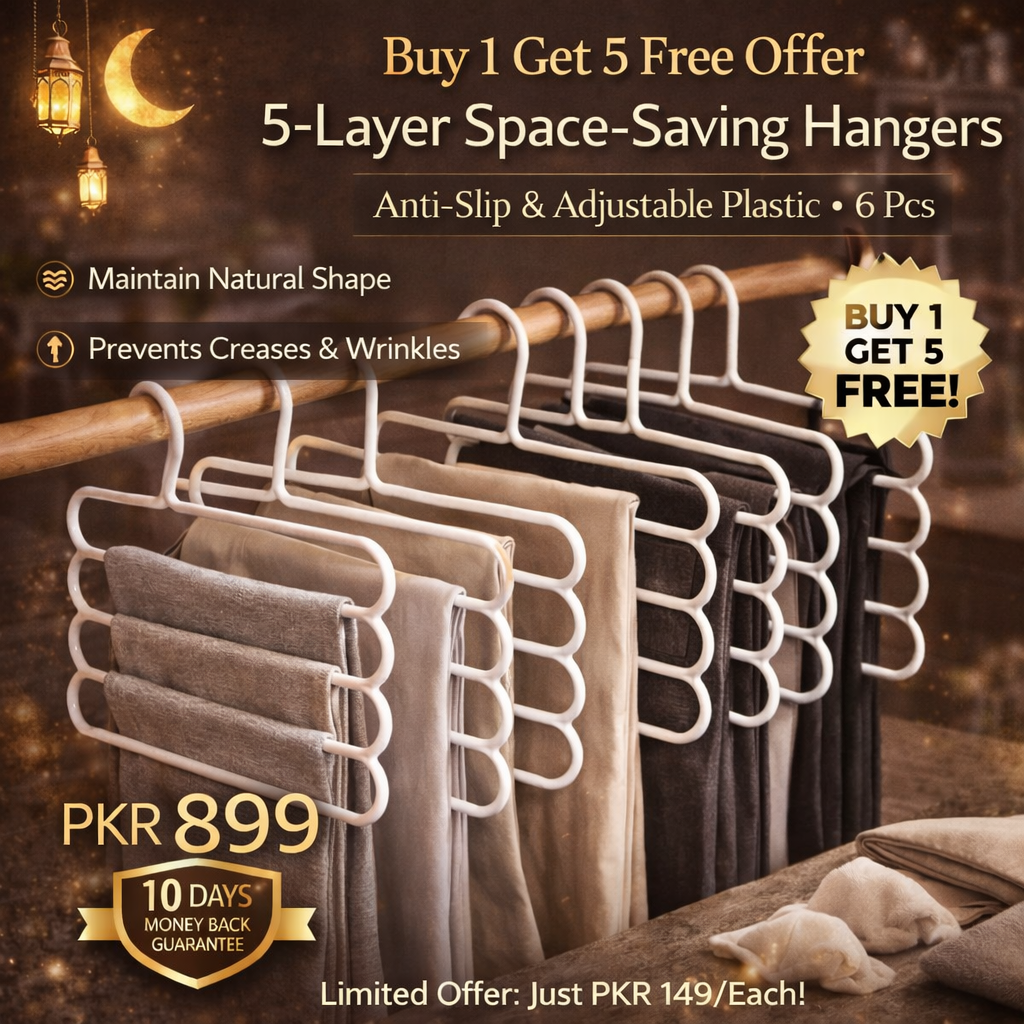 Buy 1 Get 5 Free Offer 5-layer Space-Saving Hangers with Anti-Slip and Adjustable Plastic 6 Pcs