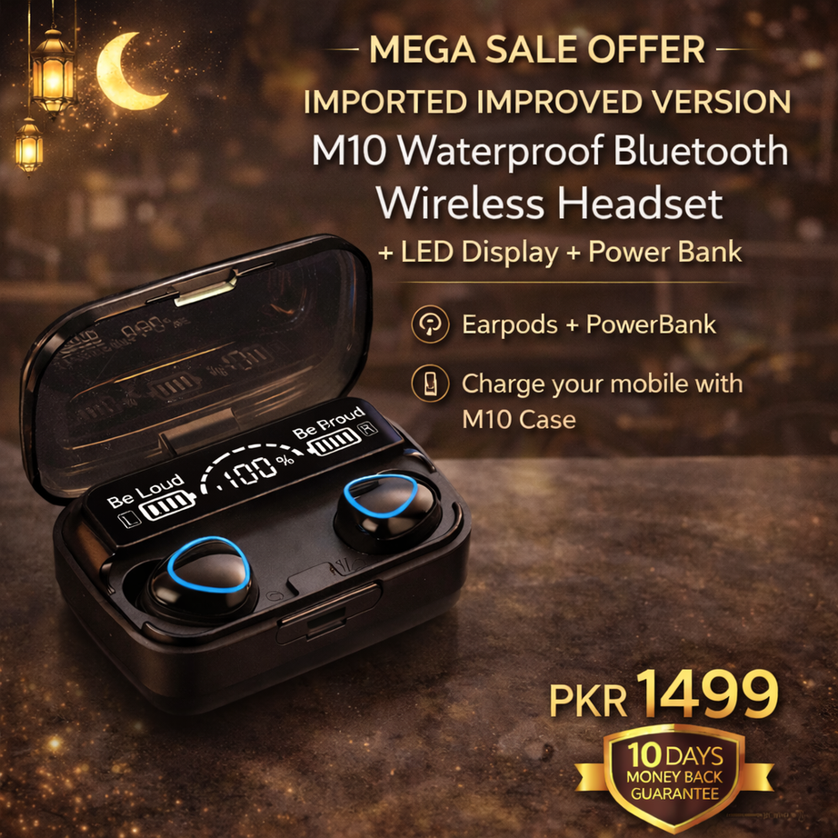 Mega Sale Offer - Imported Improved version of M10 Waterproof Bluetooth Wireless Headset with LED Display + Power Bank