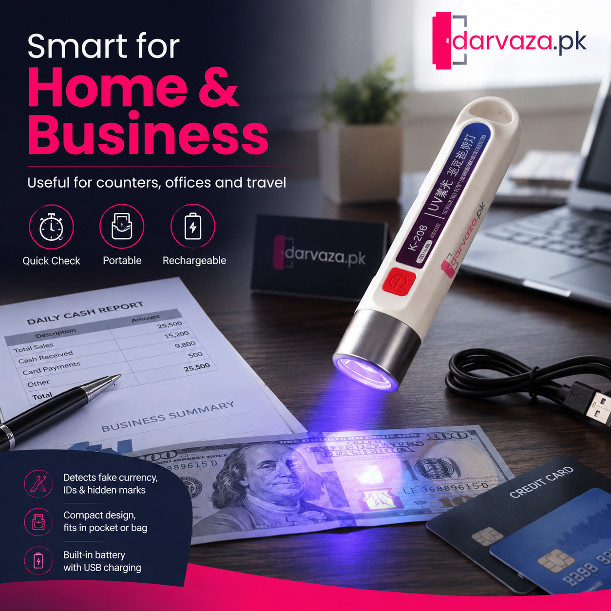 Rechargeable UV Money Detector Light – Fake Note Checker