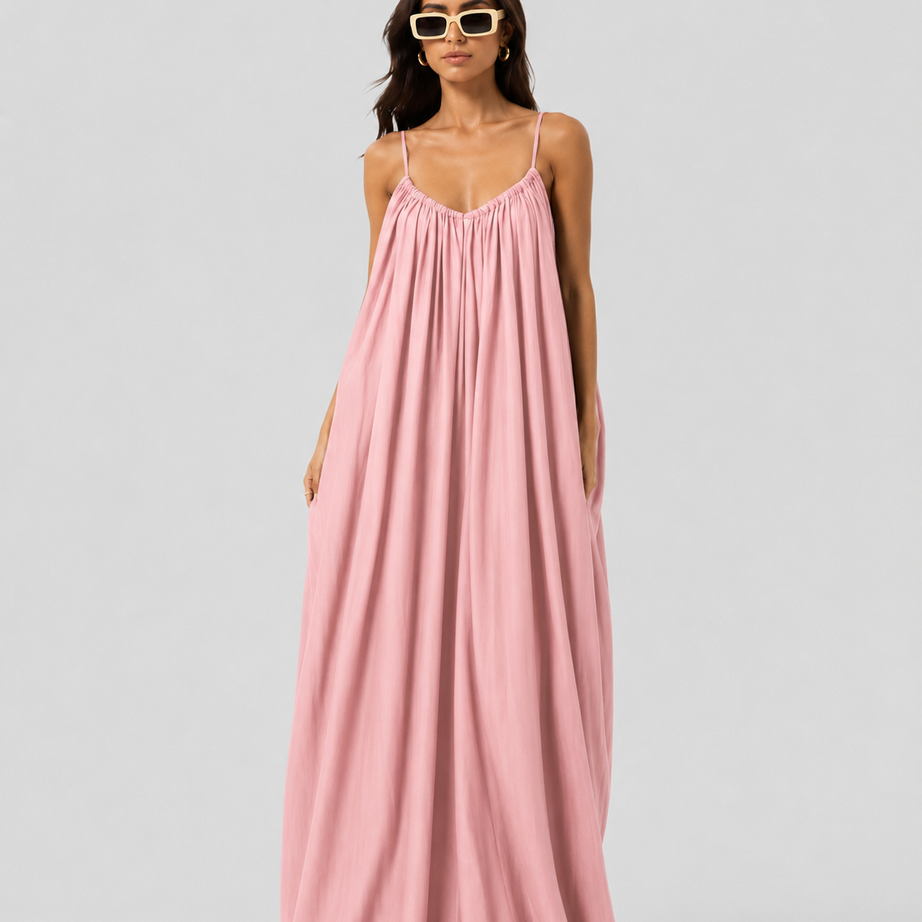 Baby Pink Backless Cami Gathered Maxi Dress with Back Flow