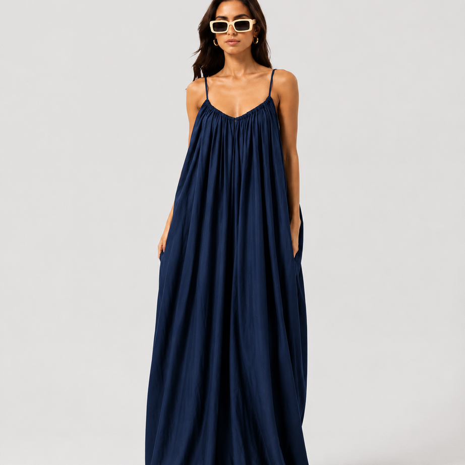 Navy Blue Backless Cami Gathered Maxi Dress with Back Flow