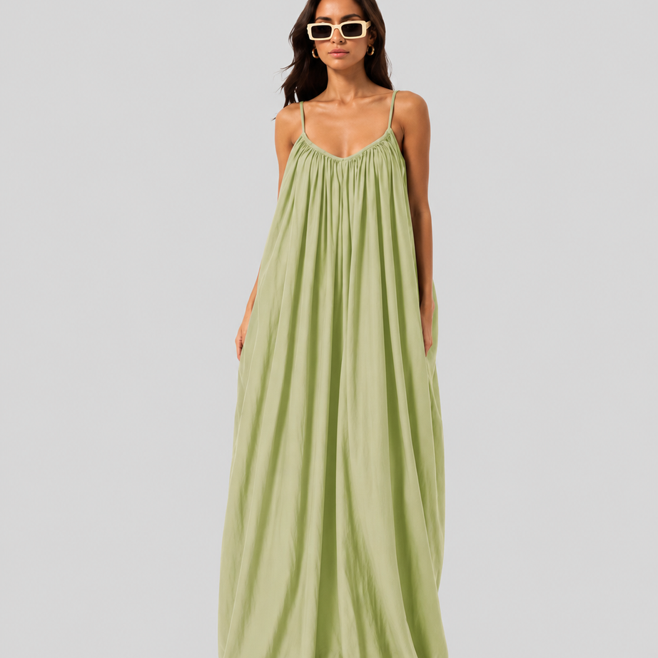 Premium Gathered Maxi Dress – Spaghetti Strap Long Backless Cami (Summer | Maternity | Nightwear Comfort Fit)