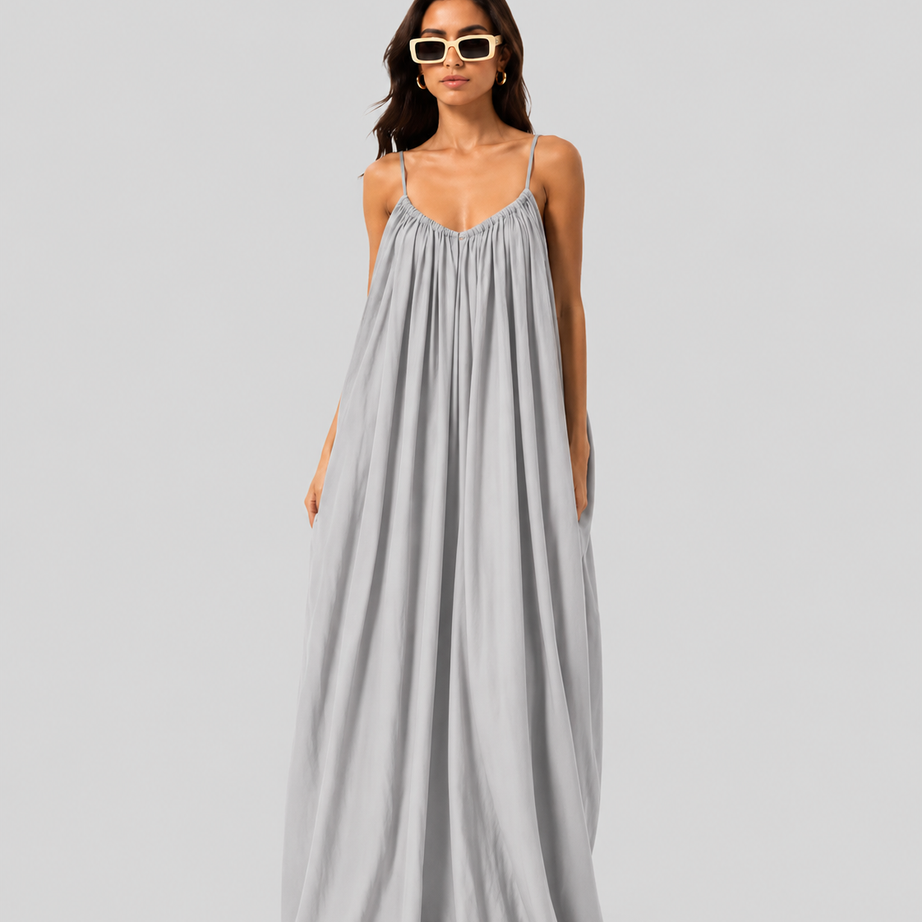 SIlver Grey Backless Cami Gathered Maxi Dress with Back Flow