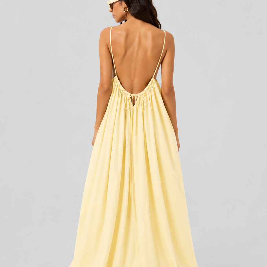 Yellow Backless Cami Gathered Maxi Dress with Back Flow
