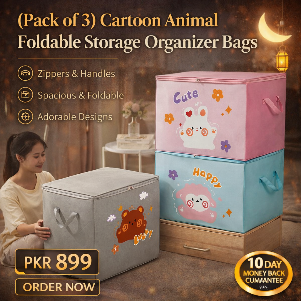 (Pack of 3) Cartoon Animal Foldable Storage Organizer Bags with Zippers And Handles
