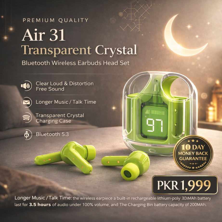 Premium Quality Air 31 Transparent Crystal Bluetooth Wireless Earbuds Head Set for Clear Loud & Distortion Free Sound