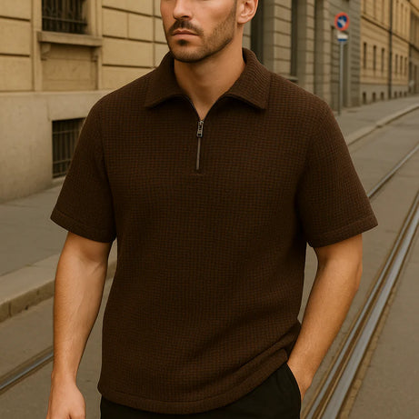 Waffle Knitted Zipper Polo – BROWN