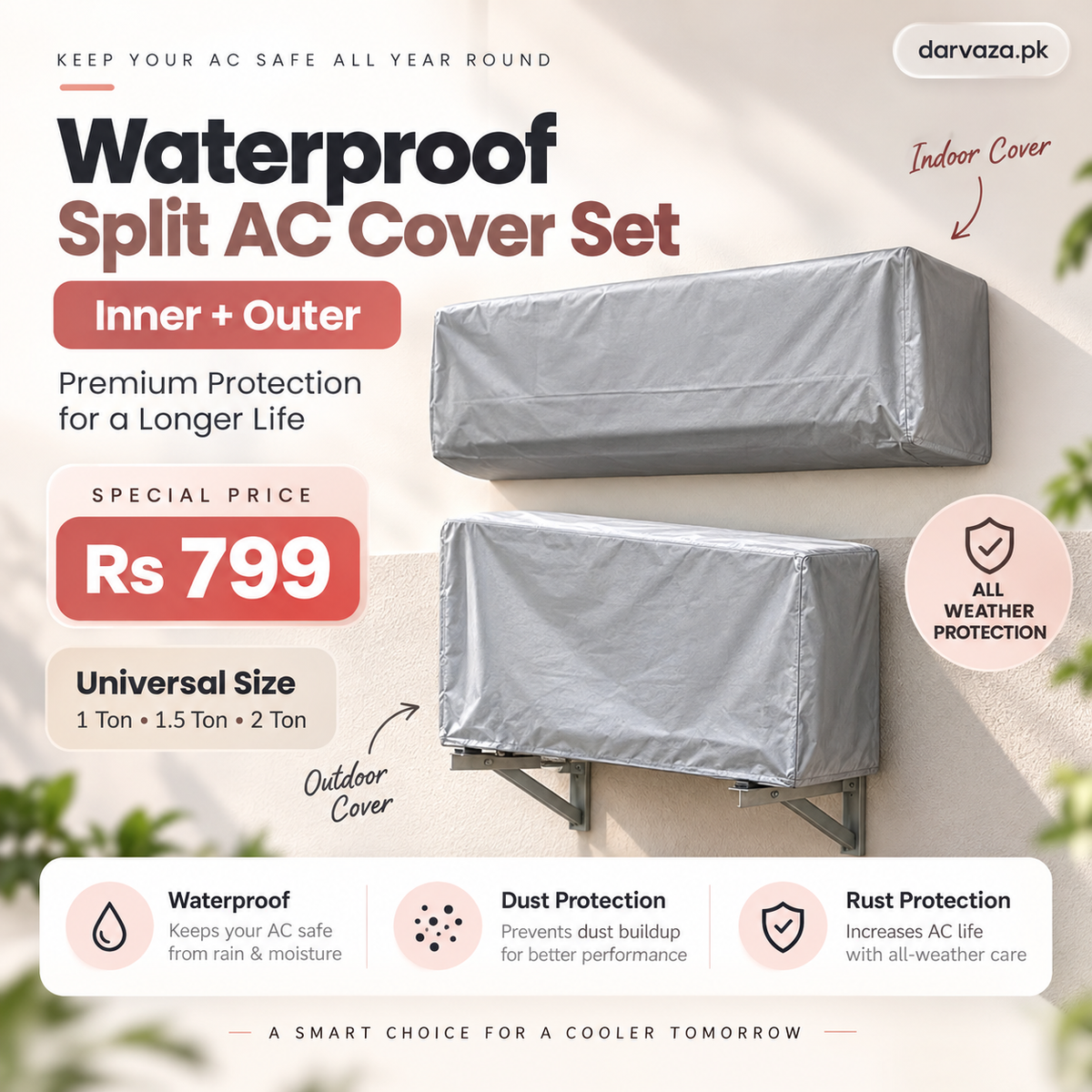 Waterproof Split AC Cover Set (Inner + Outer) – Universal Size for 1 Ton, 1.5 Ton and 2 Ton