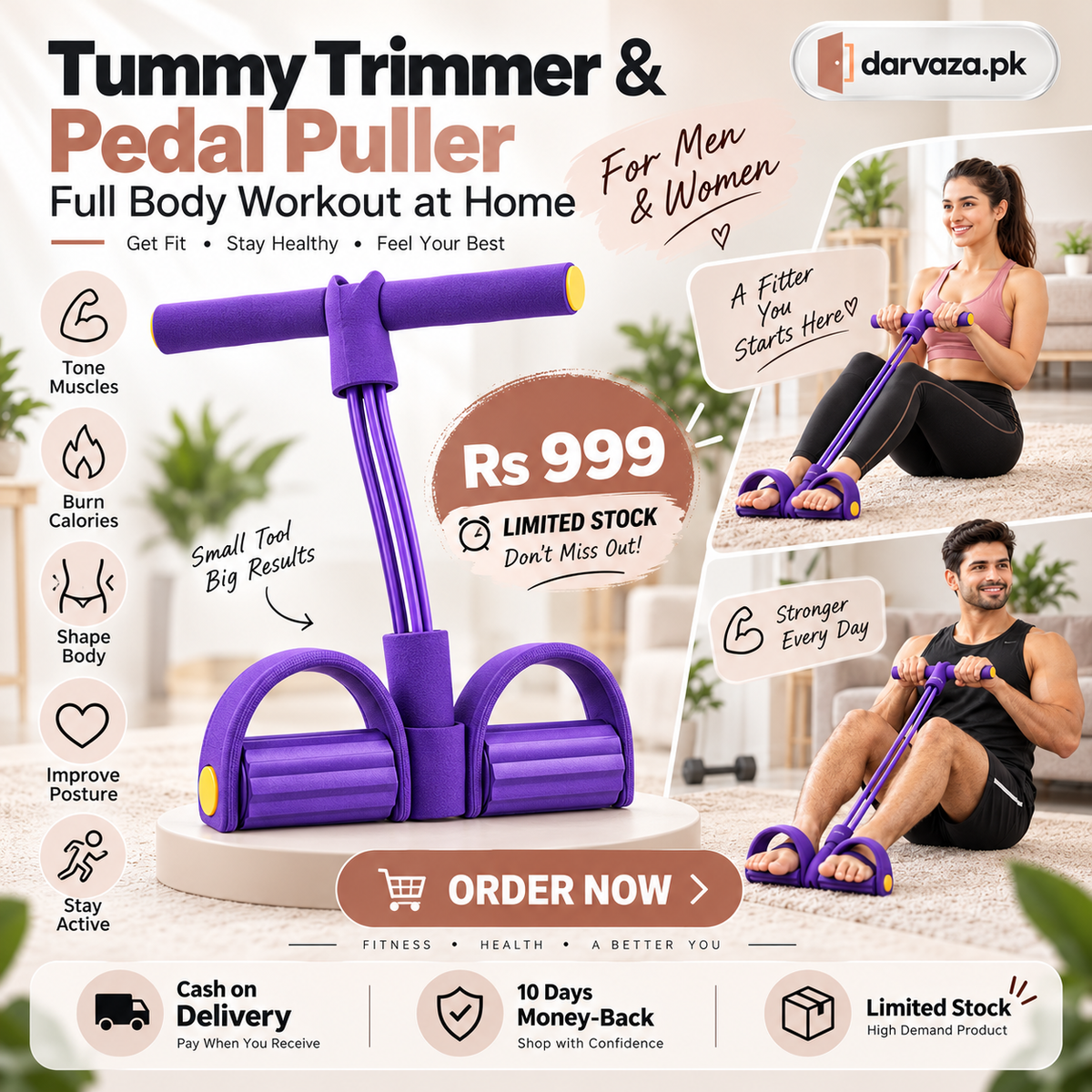 4 Tube Heavy Duty Tummy Trimmer & Pedal Puller Fitness Exercise tool