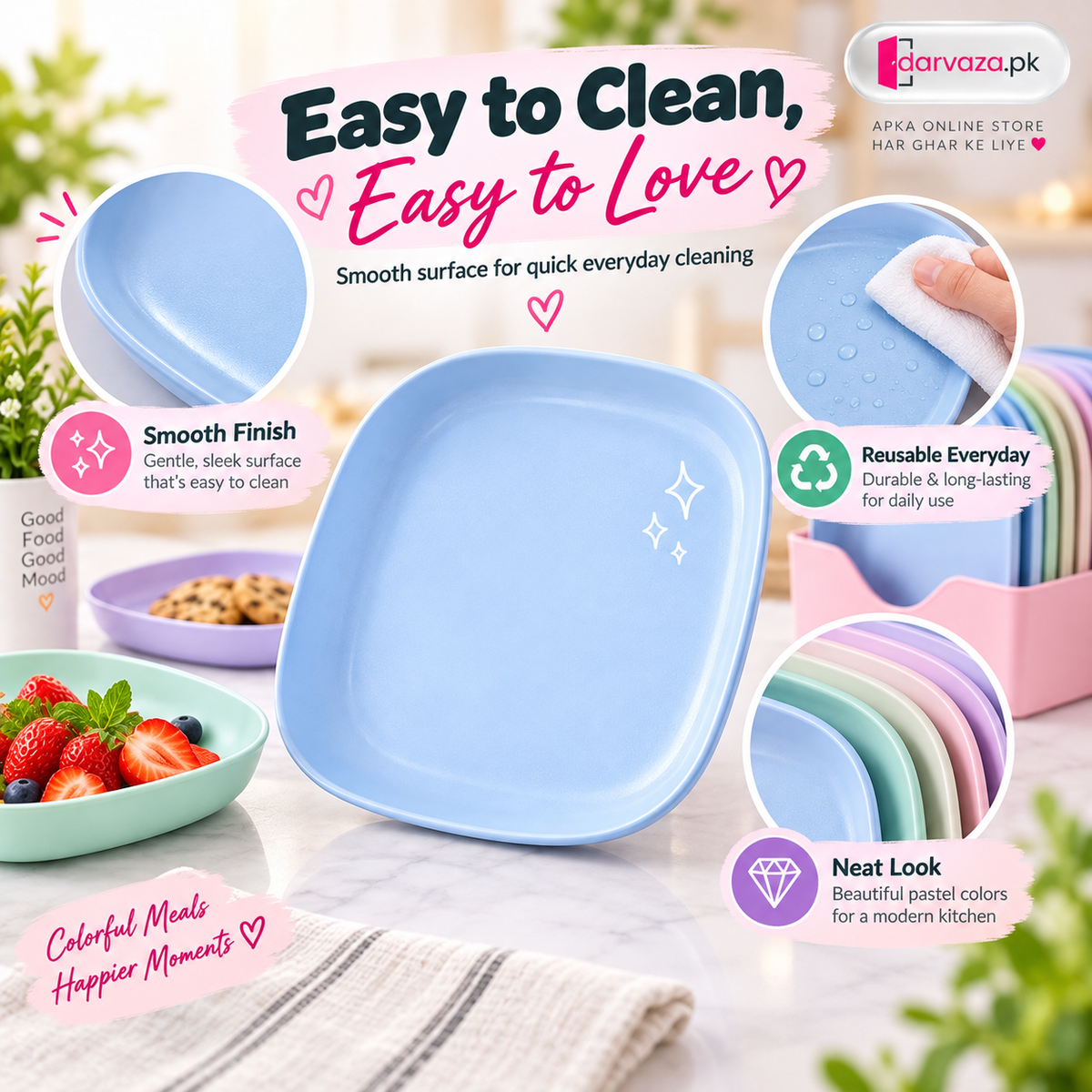 10pcs Plastic Reusable Food Plates Set with Free Stand Ideal for Snacks and Breakfast