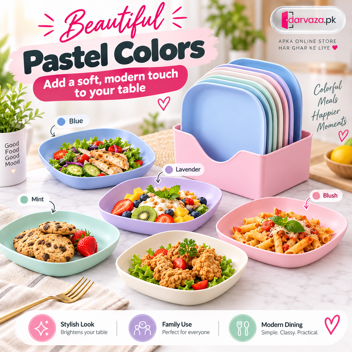 10pcs Plastic Reusable Food Plates Set with Free Stand Ideal for Snacks and Breakfast