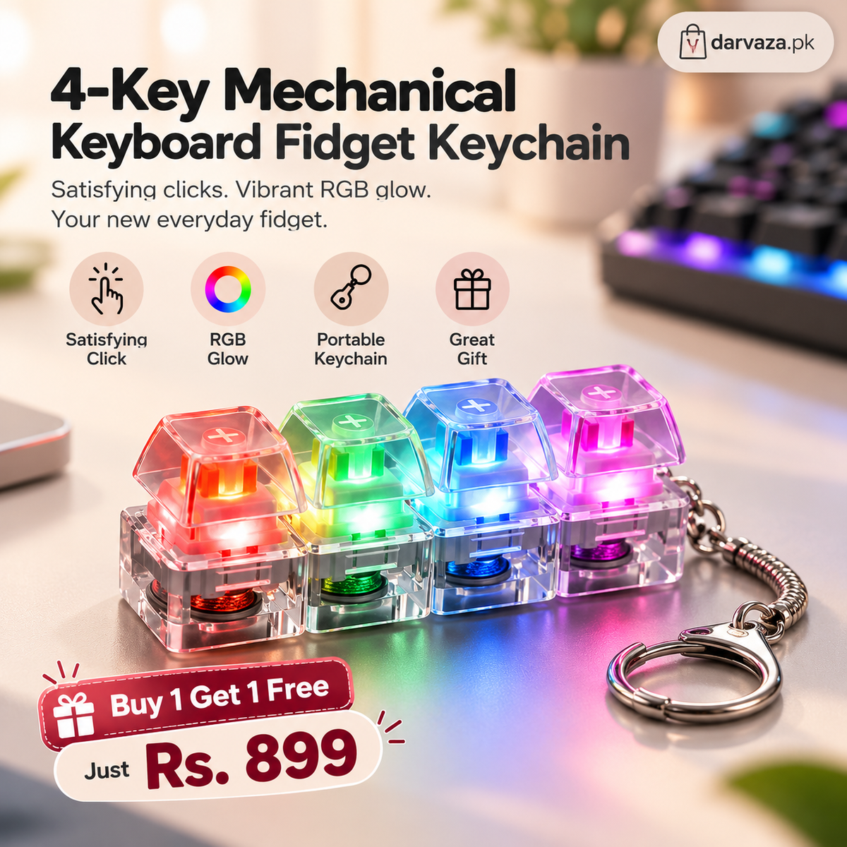 Buy 1 Get 1 FREE 4 Key Mechanical Keyboard Fidget Keychain
