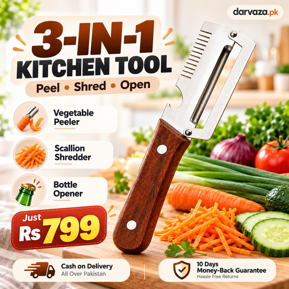 3-in-1 Vegetable Peeler, Shredder and Bottle Opener
