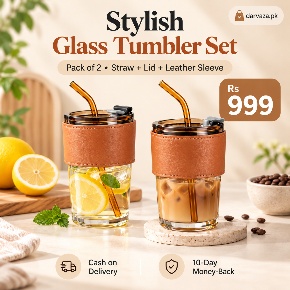 Pack of 2 Glass Tumblers with Straw Lid and Leather Sleeve