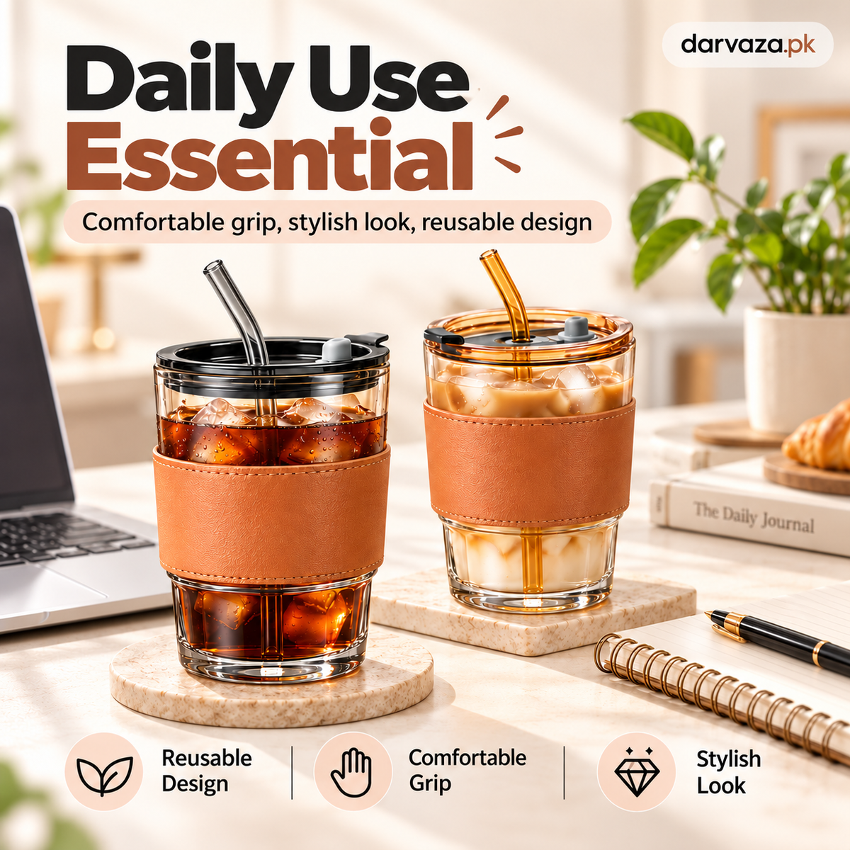 Pack of 2 Glass Tumblers with Straw Lid and Leather Sleeve