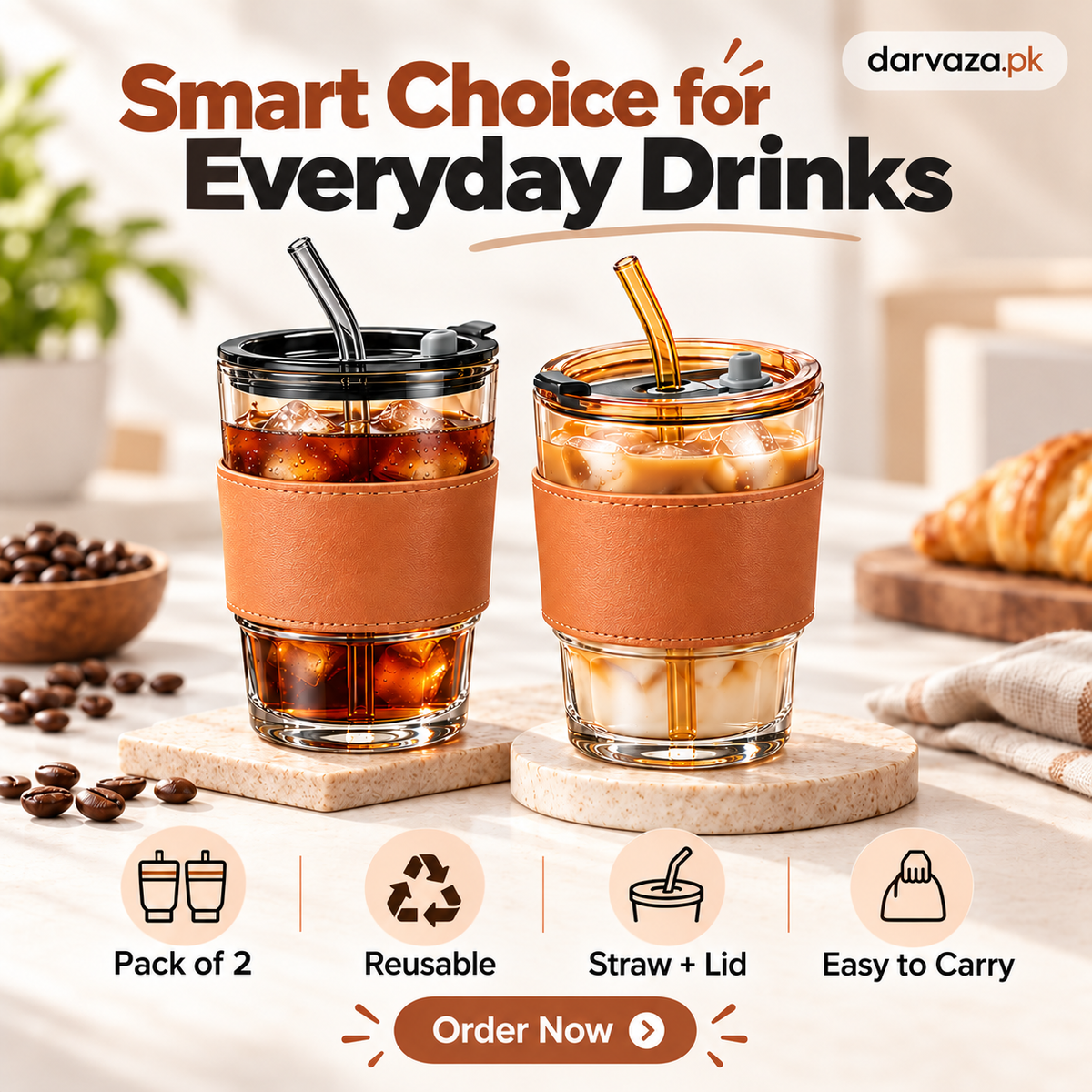 Pack of 2 Glass Tumblers with Straw Lid and Leather Sleeve