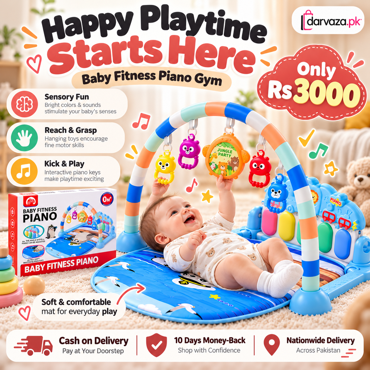 Baby Fitness Piano Gym Musical Play Mat with Hanging Toys