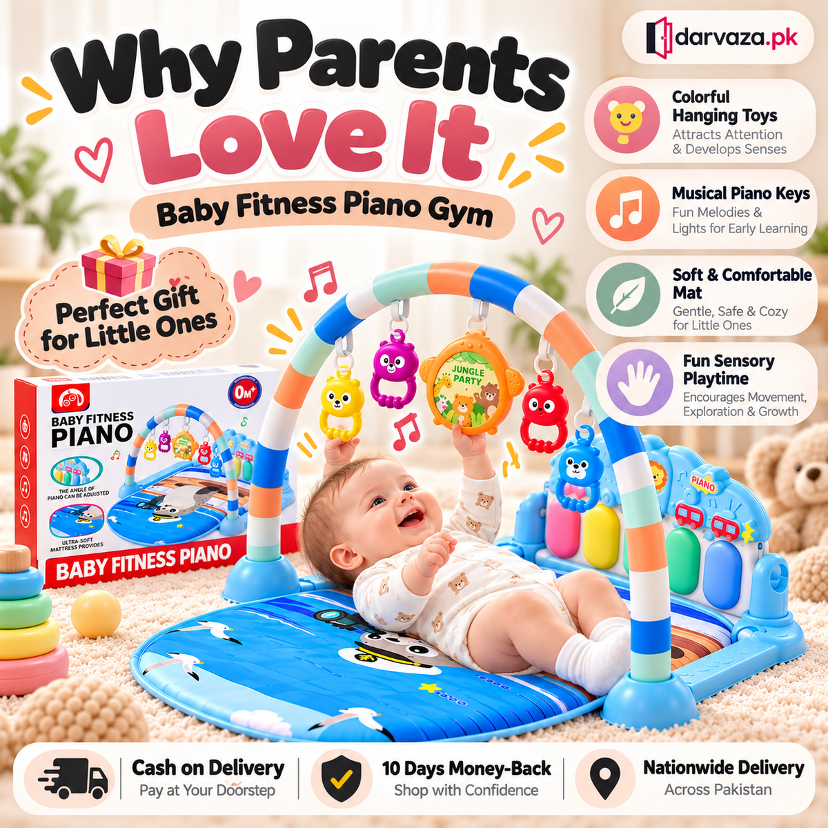 Baby Fitness Piano Gym Musical Play Mat with Hanging Toys