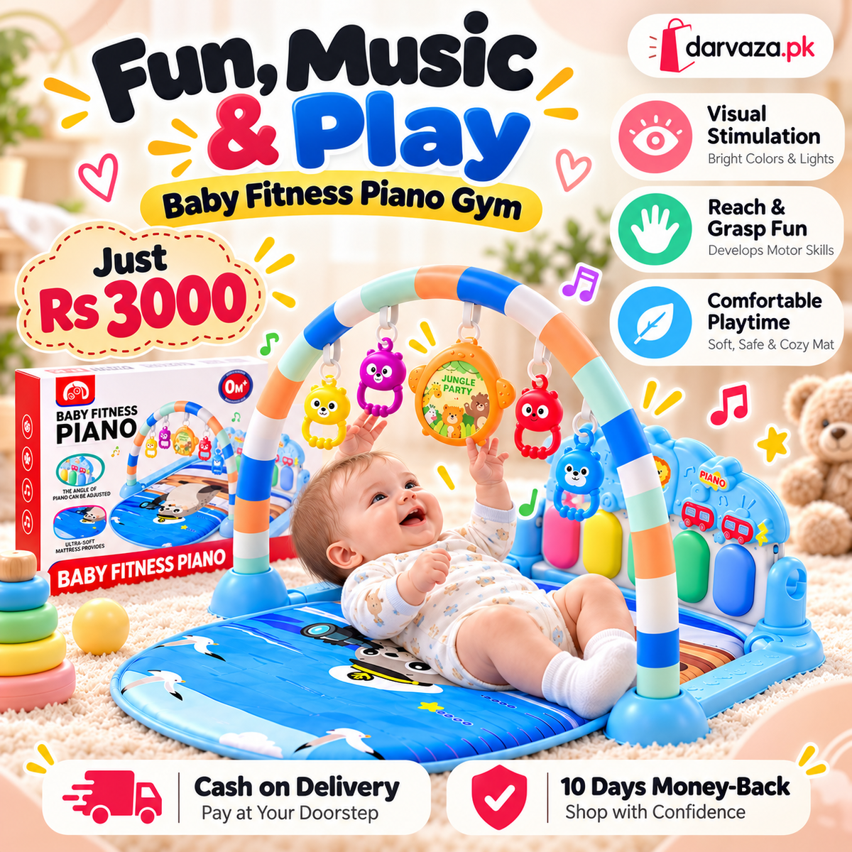 Baby Fitness Piano Gym Musical Play Mat with Hanging Toys