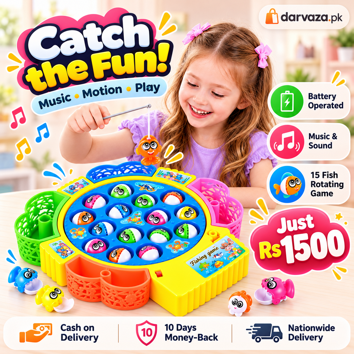 Electric Musical Fishing Toy Game 15 Fish Rotating Set for Kids