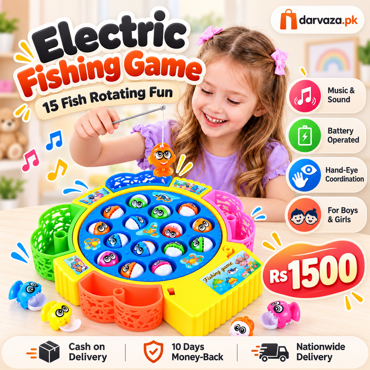 Electric Musical Fishing Toy Game 15 Fish Rotating Set for Kids