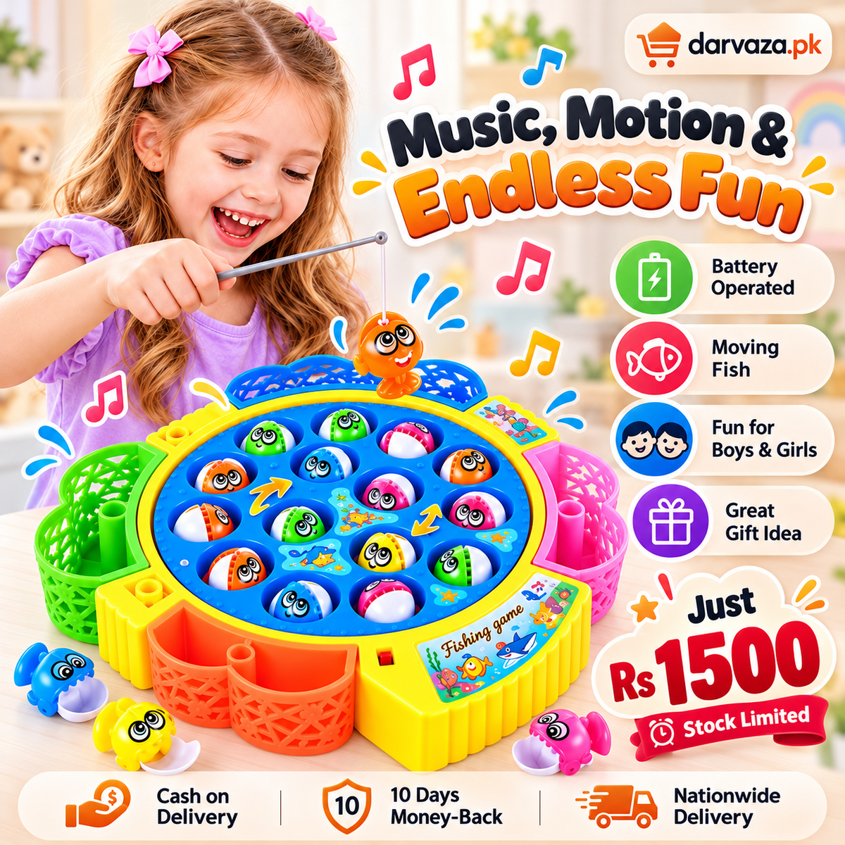 Electric Musical Fishing Toy Game 15 Fish Rotating Set for Kids
