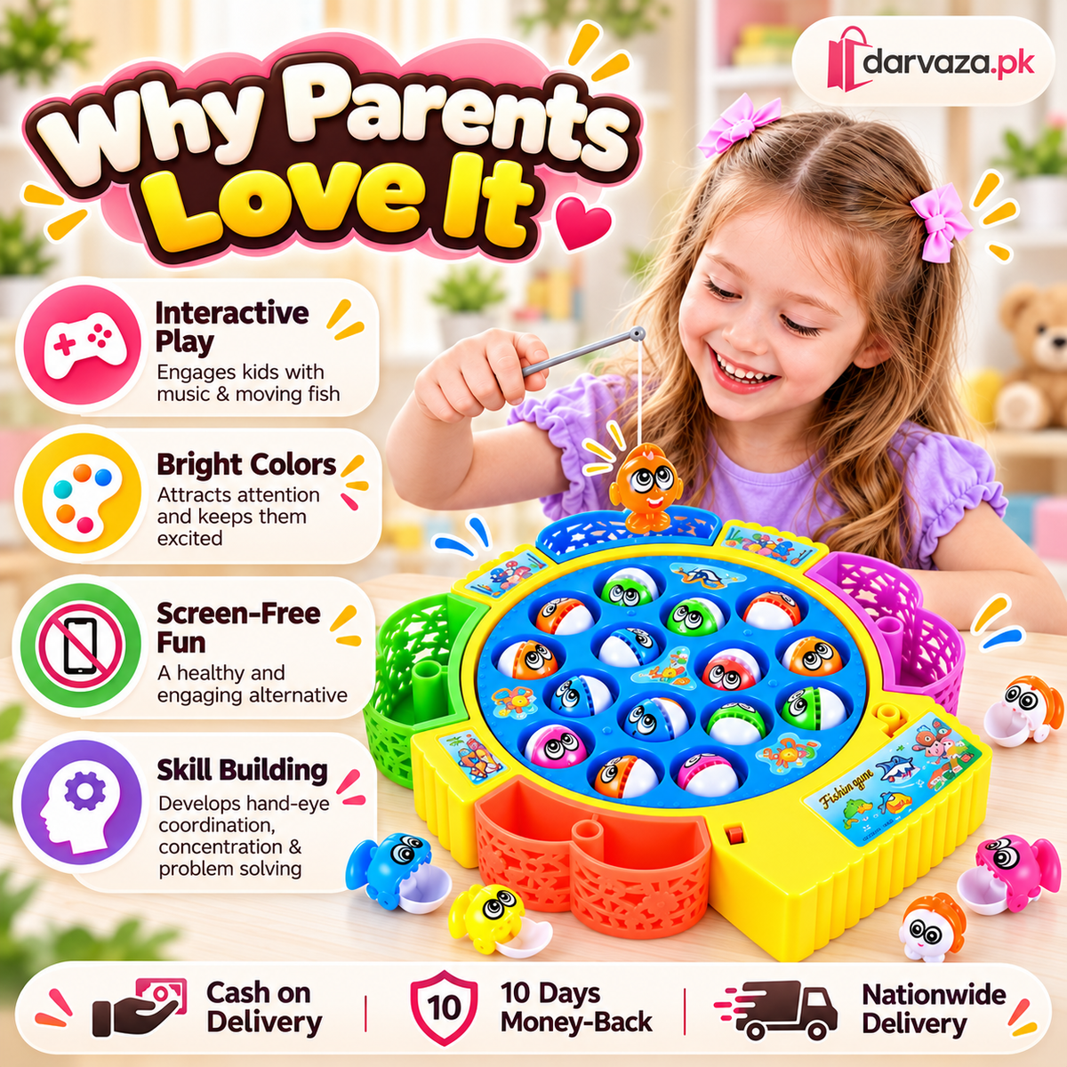 Electric Musical Fishing Toy Game 15 Fish Rotating Set for Kids