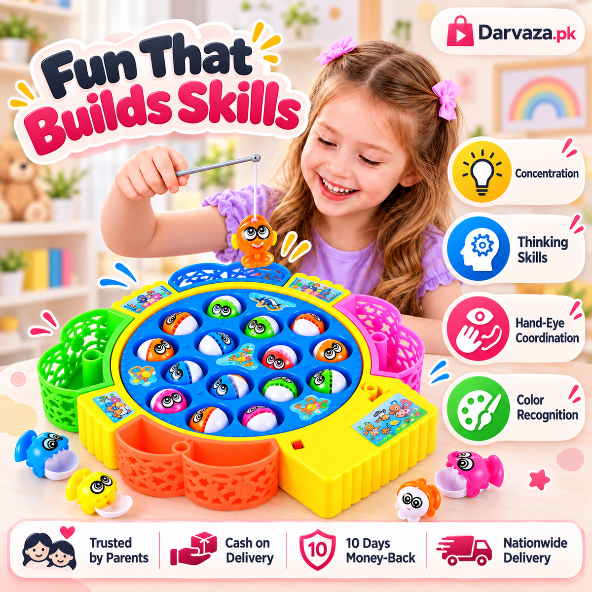 Electric Musical Fishing Toy Game 15 Fish Rotating Set for Kids