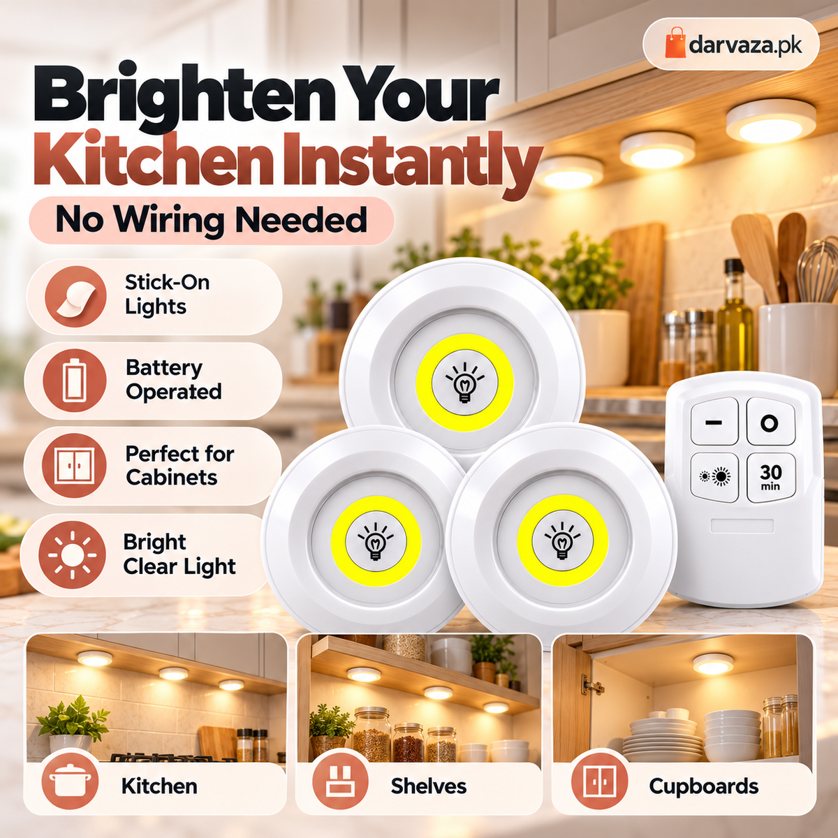 Pack of 3 Wireless LED Cabinet Lights with Remote