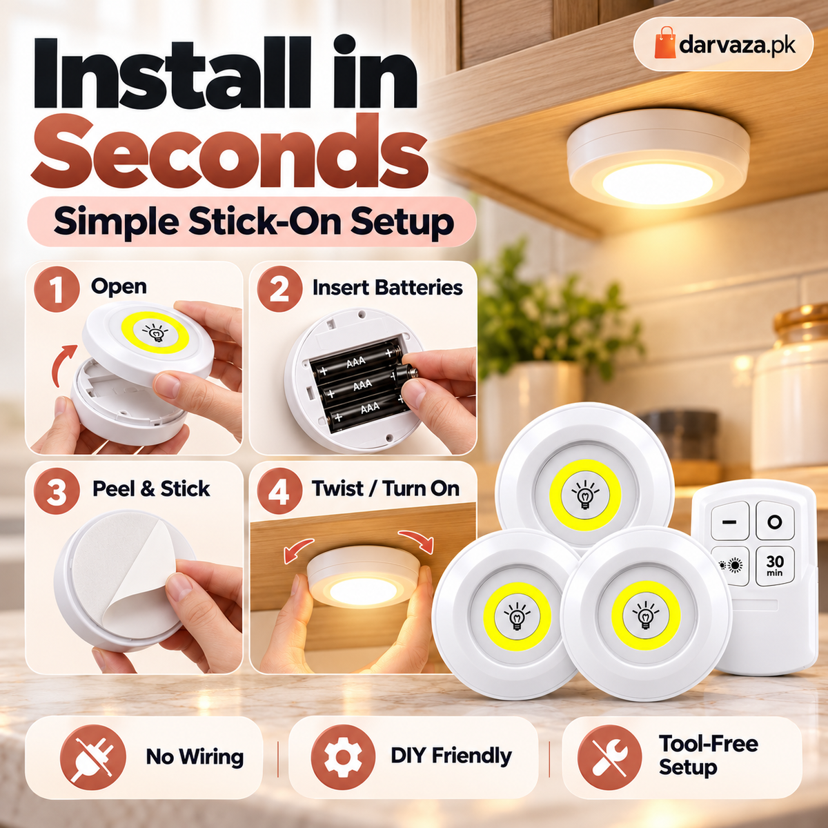 Pack of 3 Wireless LED Cabinet Lights with Remote
