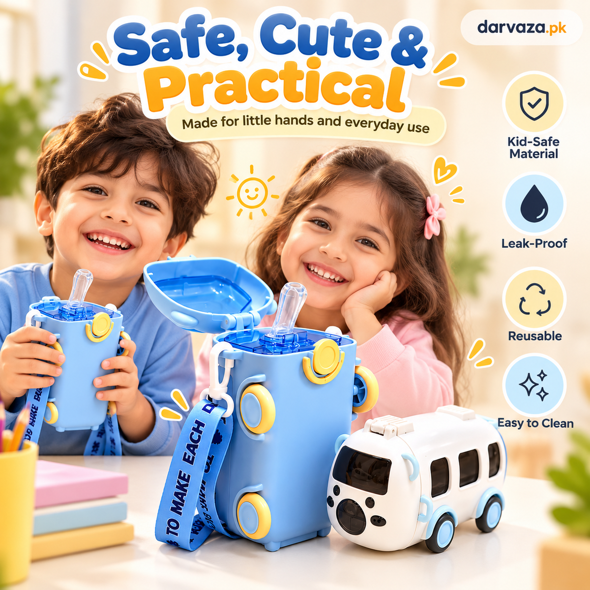 Bus Shaped Water Bottle For Kids Leak proof Water Bottle with Straw & Strap