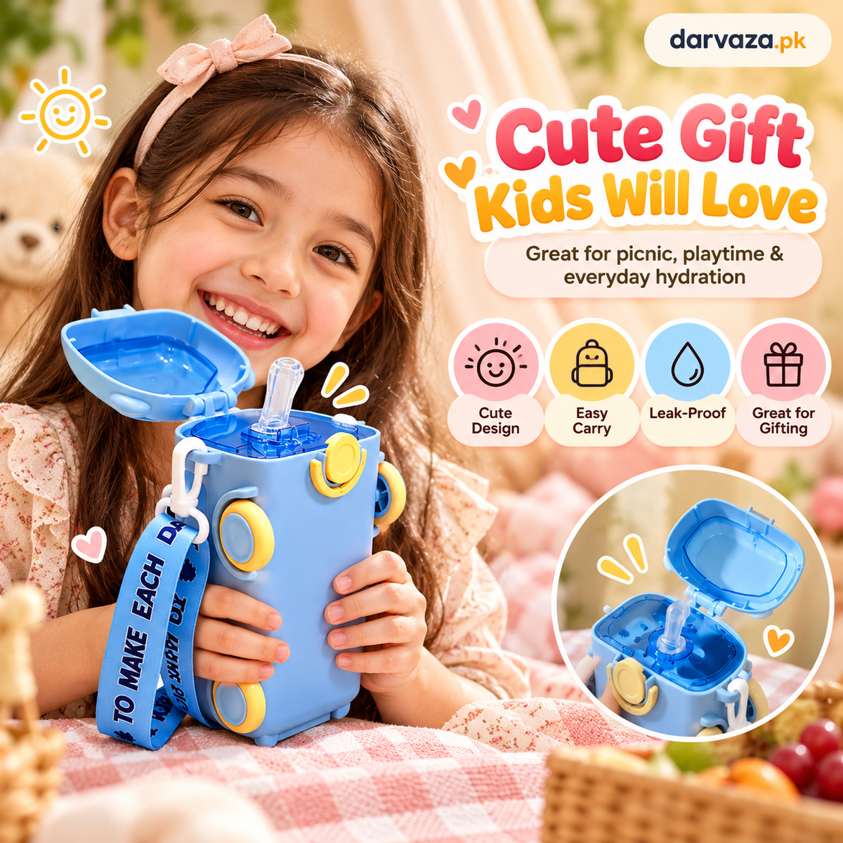Bus Shaped Water Bottle For Kids Leak proof Water Bottle with Straw & Strap