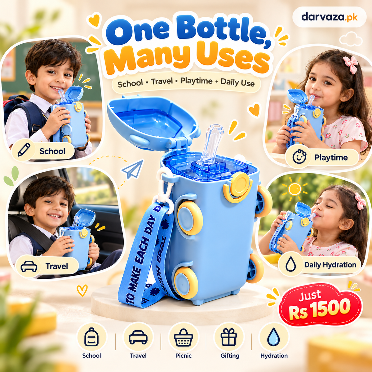 Bus Shaped Water Bottle For Kids Leak proof Water Bottle with Straw & Strap