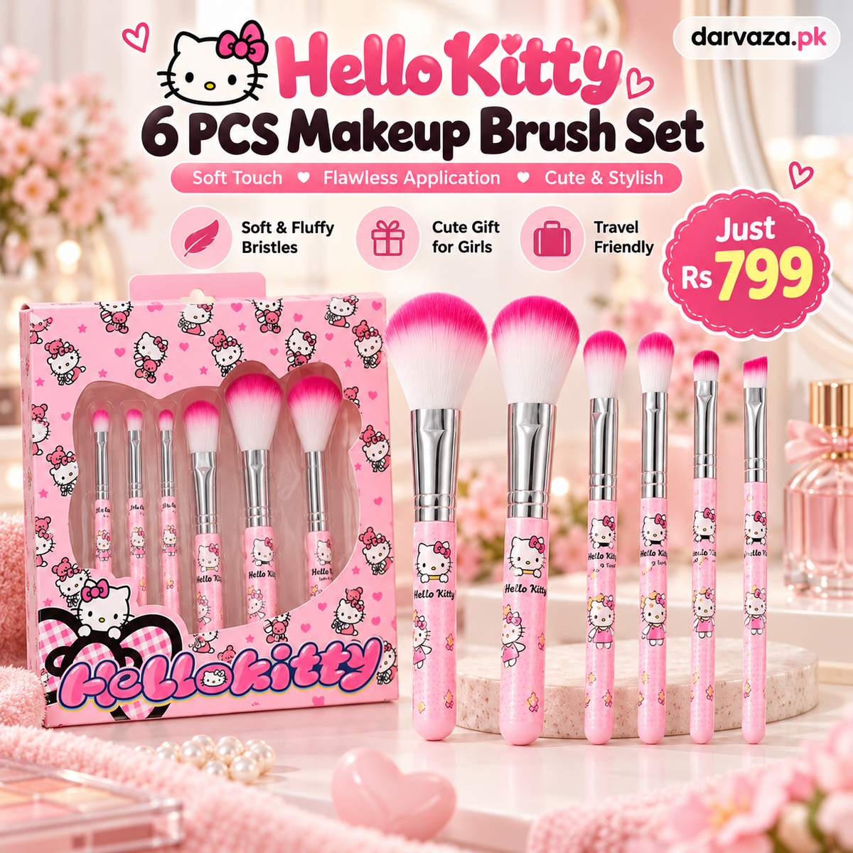 Hello Kitty 6 PCS Makeup Brush Set – Soft and Fluffy Beauty Brushes