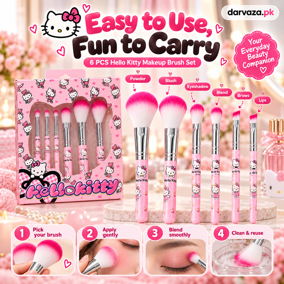 Hello Kitty 6 PCS Makeup Brush Set – Soft and Fluffy Beauty Brushes