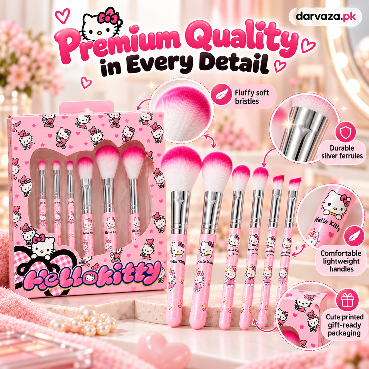 Hello Kitty 6 PCS Makeup Brush Set – Soft and Fluffy Beauty Brushes