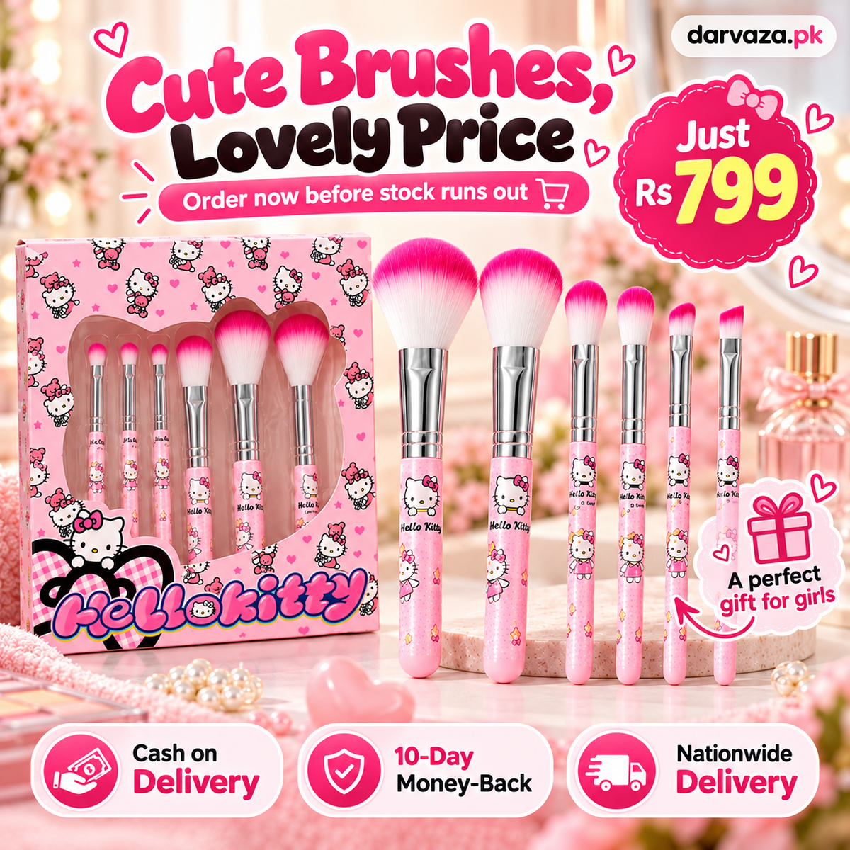 Hello Kitty 6 PCS Makeup Brush Set – Soft and Fluffy Beauty Brushes