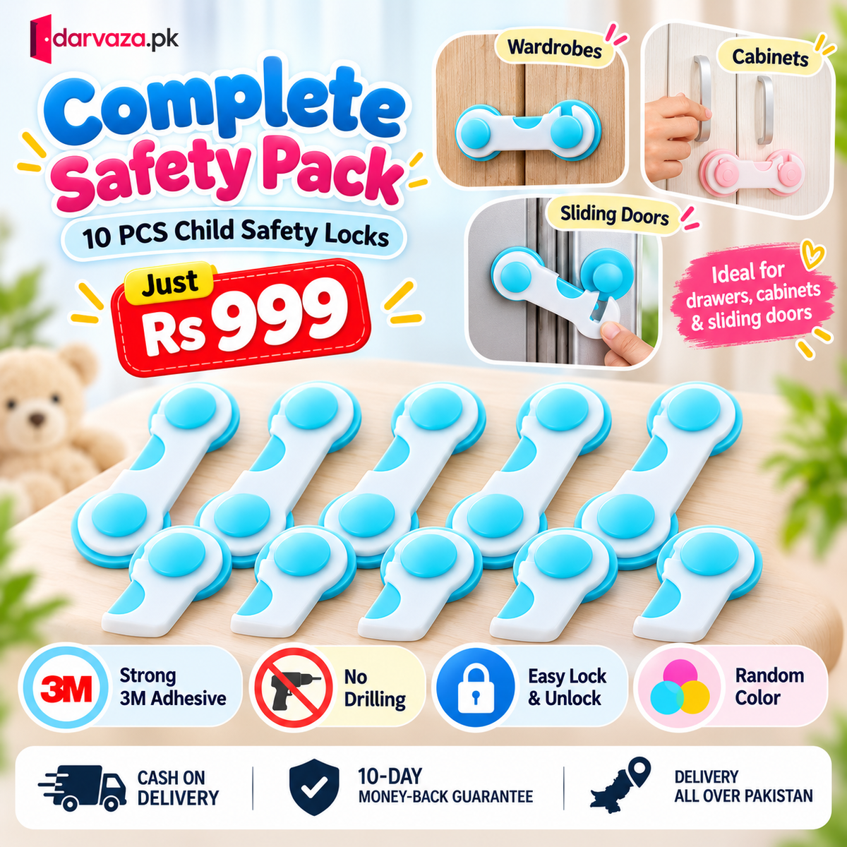 Pack of 10 Baby Safety Locks Child Protection Drawer and Cabinet Locks
